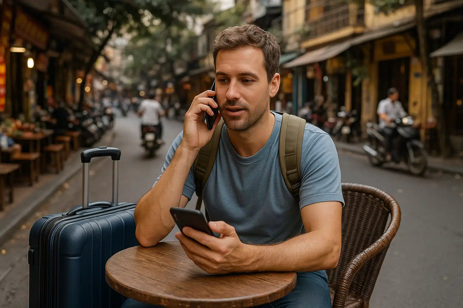 Traveler using the best eSIM for Vietnam at a street café in Hanoi, with his suitcase beside him