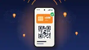 iPhone 18 eSIM: illustration of a smartphone with an active eSIM and a QR code
