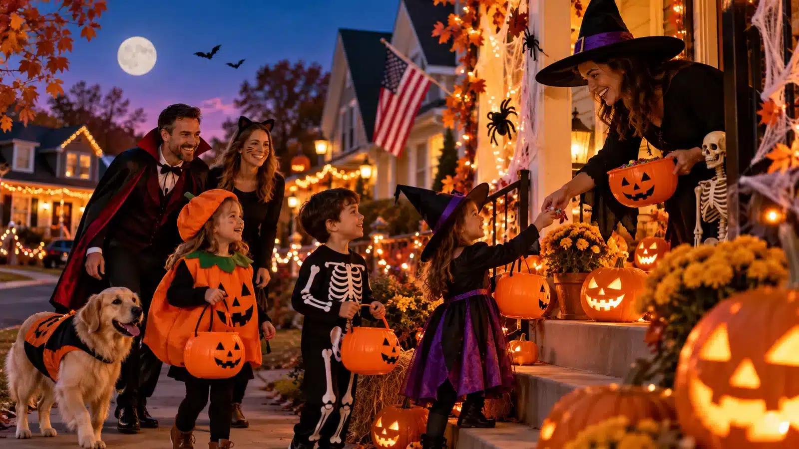 Halloween aux États-Unis : famille déguisée faisant du trick-or-treat dans une rue décorée de citrouilles