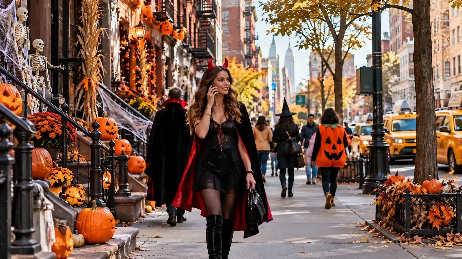 Halloween à New York : passante déguisée dans une rue de Manhattan décorée de citrouilles
