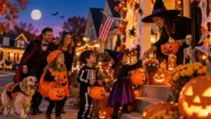 Halloween in the USA: costumed family trick-or-treating on a street decorated with pumpkins