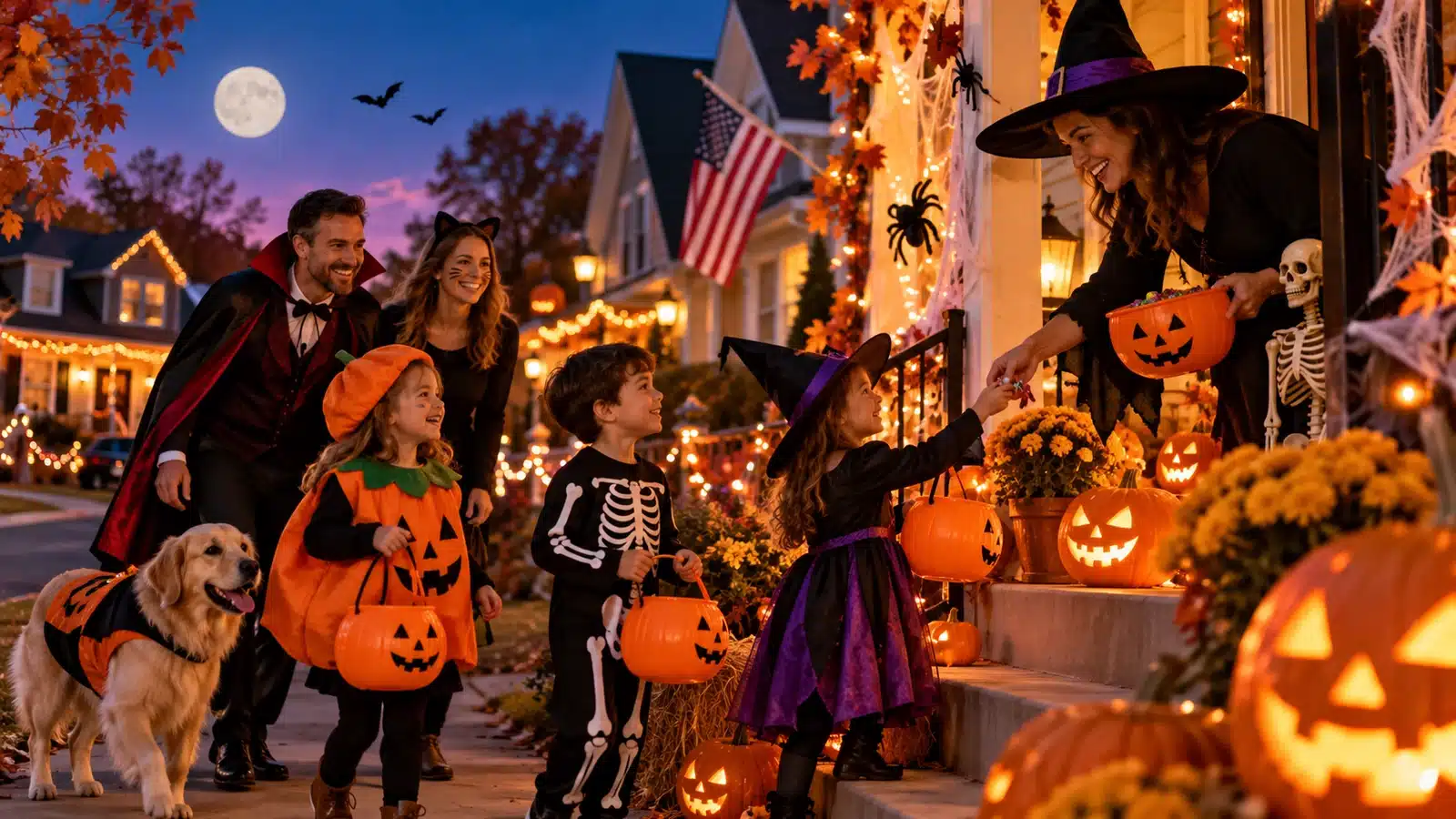 Halloween in the USA: costumed family trick-or-treating on a street decorated with pumpkins