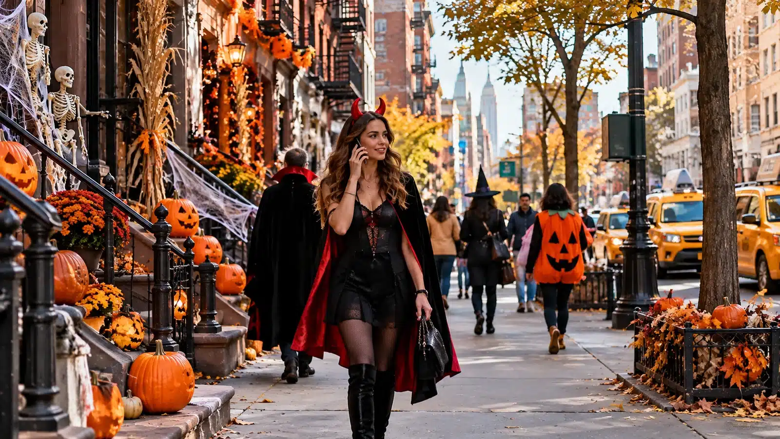 Halloween in New York: woman in costume walking down a Manhattan street lined with pumpkins