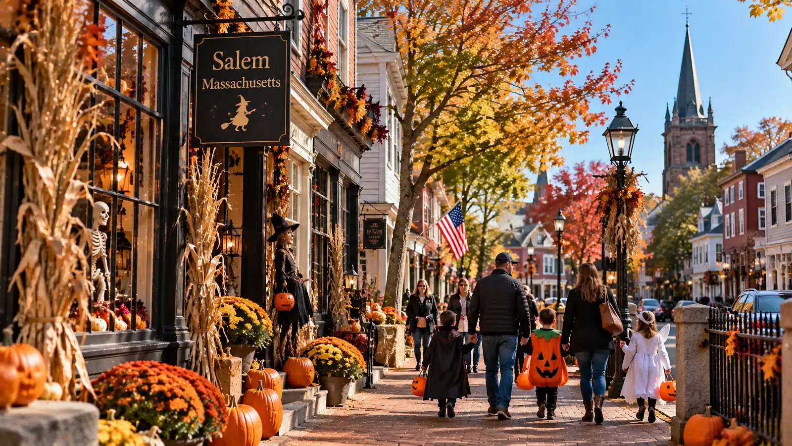 Salem, Massachusetts, in October: Halloween-decorated street with a family in costume